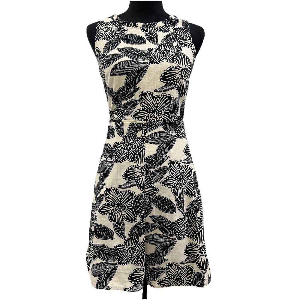 J Crew Polynesian Womens Sz S Dress Sleeveless Tropical Cream Black Floral Print
